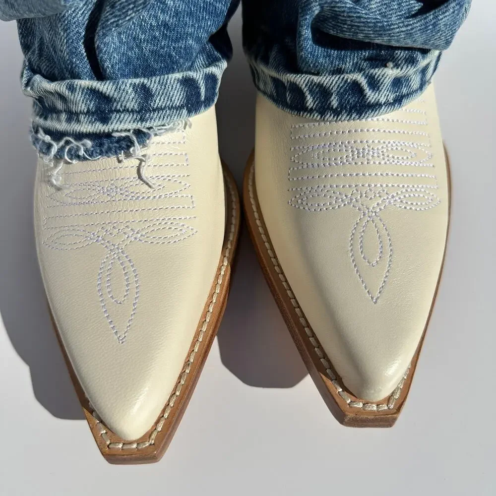R13 Mid Cowboy Boots with Denim Sleeve Shaft Indigo Blue Ivory Size 38 NIB $1395 - Picture 9 of 16
